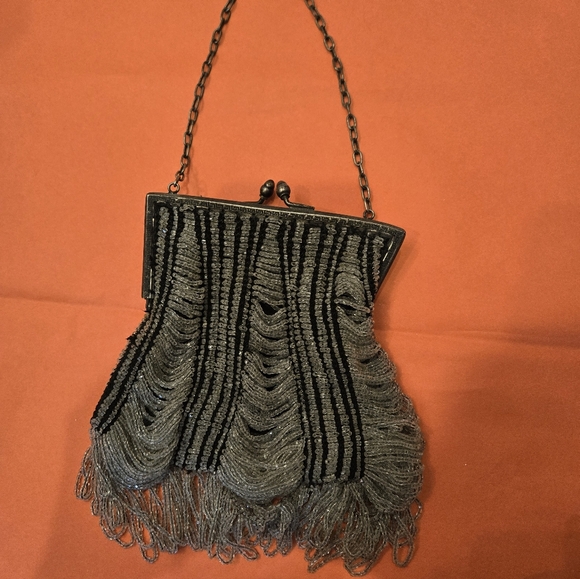 Art Deco Beaded Flapper Purse, Black W/ CLEAR  BEADS Lined Party Wedding Perfect - Picture 12 of 12